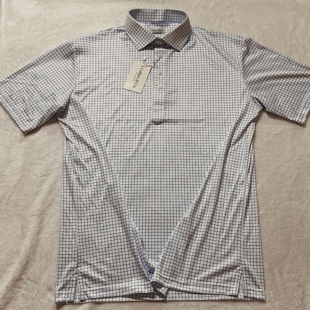 Collars & Co. The Original Dress Polo Sz M Relaxed Blue-Grid Performance NWT - Picture 6 of 11